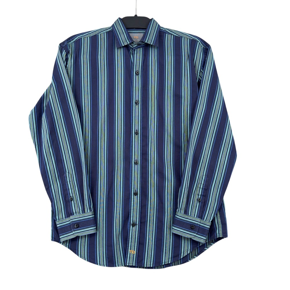 Thomas Dean Boys Large Blue Green‎ Striped Long Sleeve Button Down Cotton Shirt